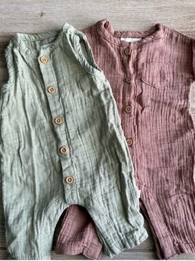 Soft Muslin Baby One-Piece Romper in Sage Green and Mauve